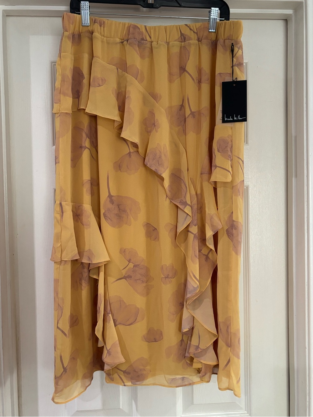 Nicole Miller Yellow Floral Ruffled Maxi Skirt Large - Picture 2 of 9